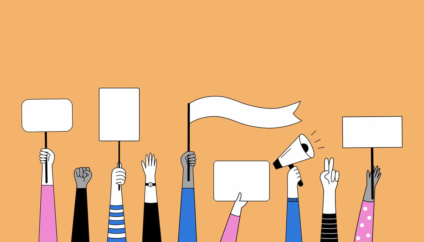 Set of hands with posters, a megaphone, signs, banners and placards.