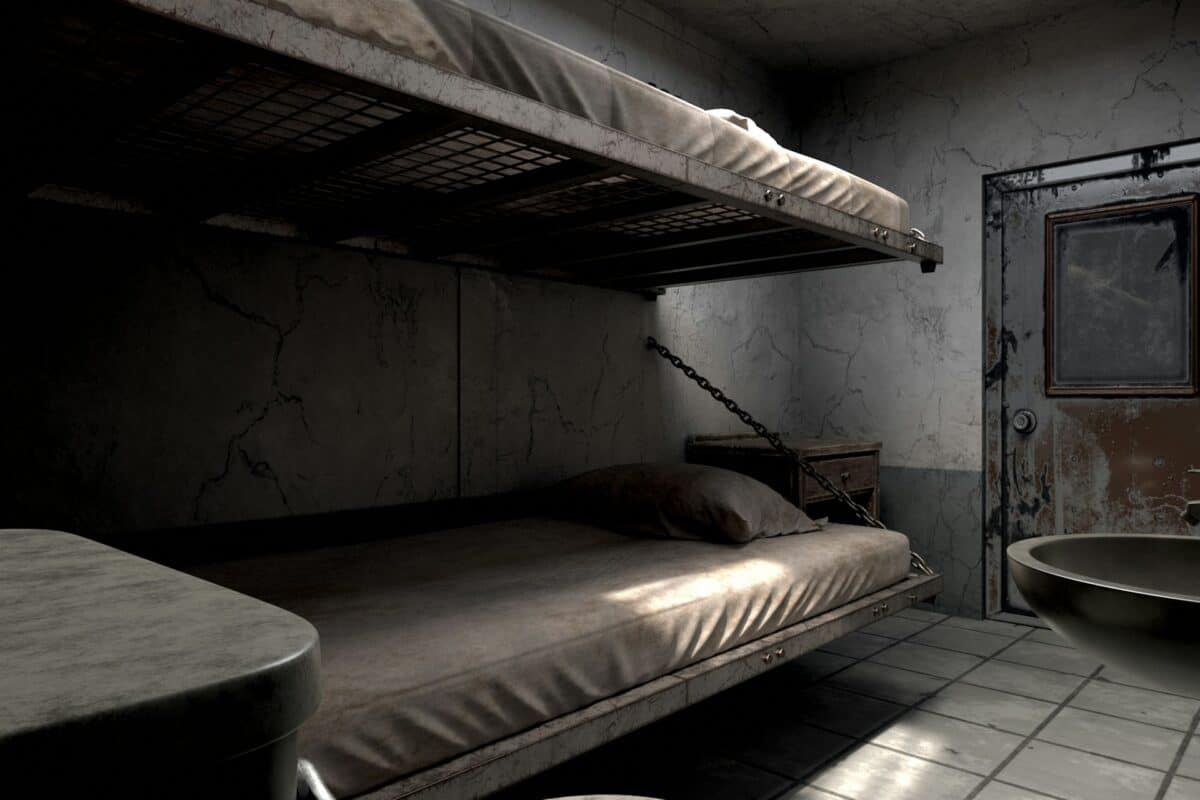 Empty bunk beds in a dark prison cell